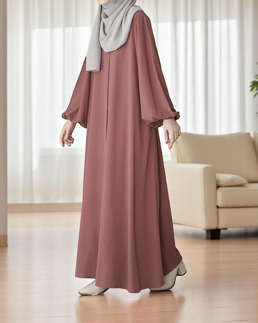 Front Open Abaya with Zipper Opening, Umbrella Flare and Elasticated Sleeves