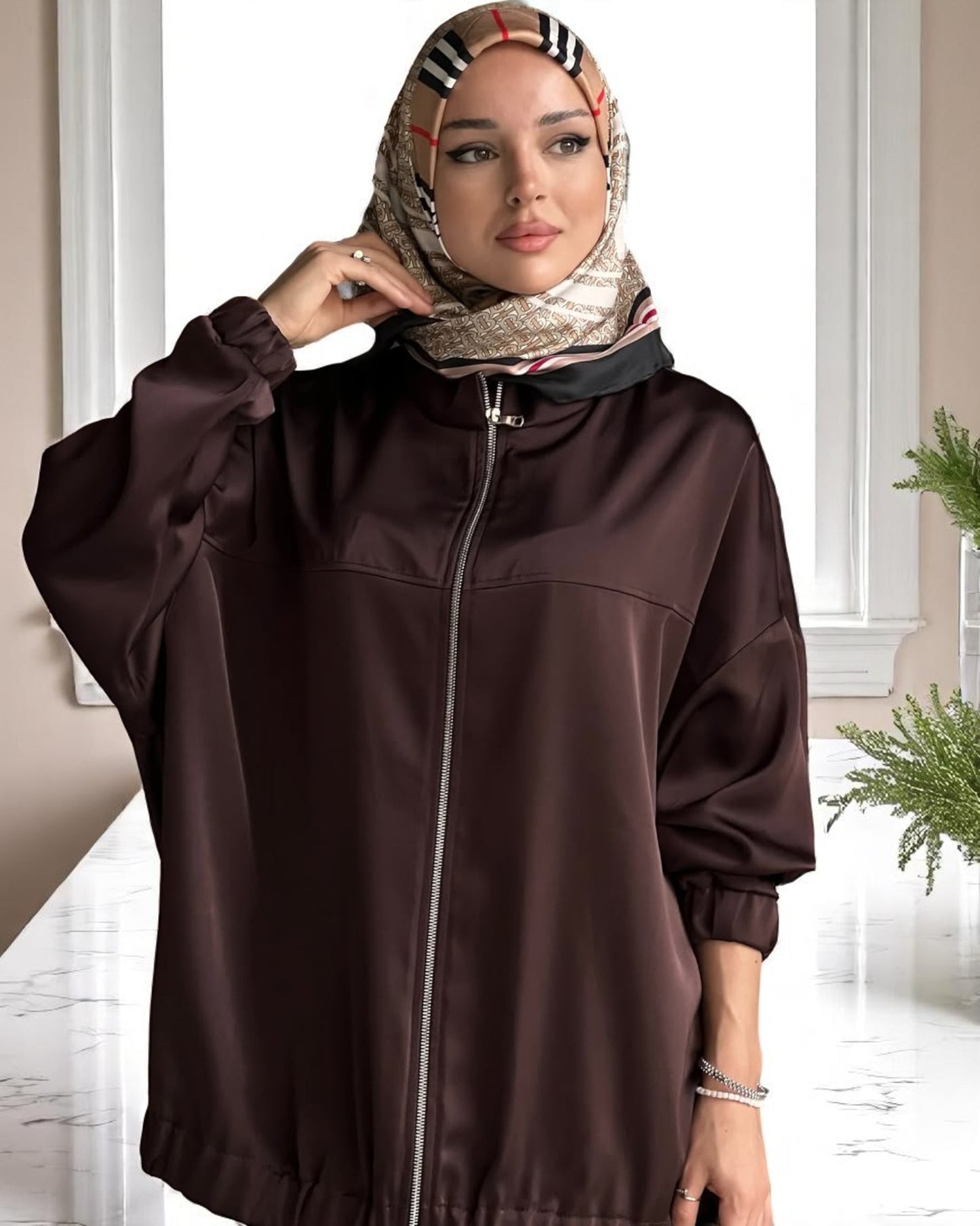 Premium Three-Piece Abaya Set in Tiktok Fabric with Zipper Jacket & Hijab