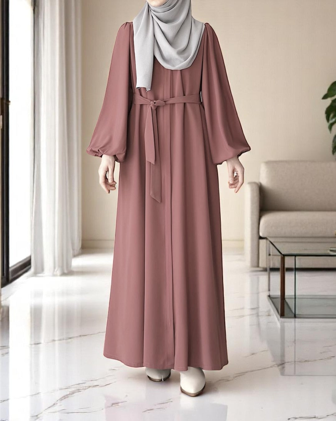 Front Open Abaya with Zipper Opening, Umbrella Flare and Elasticated Sleeves