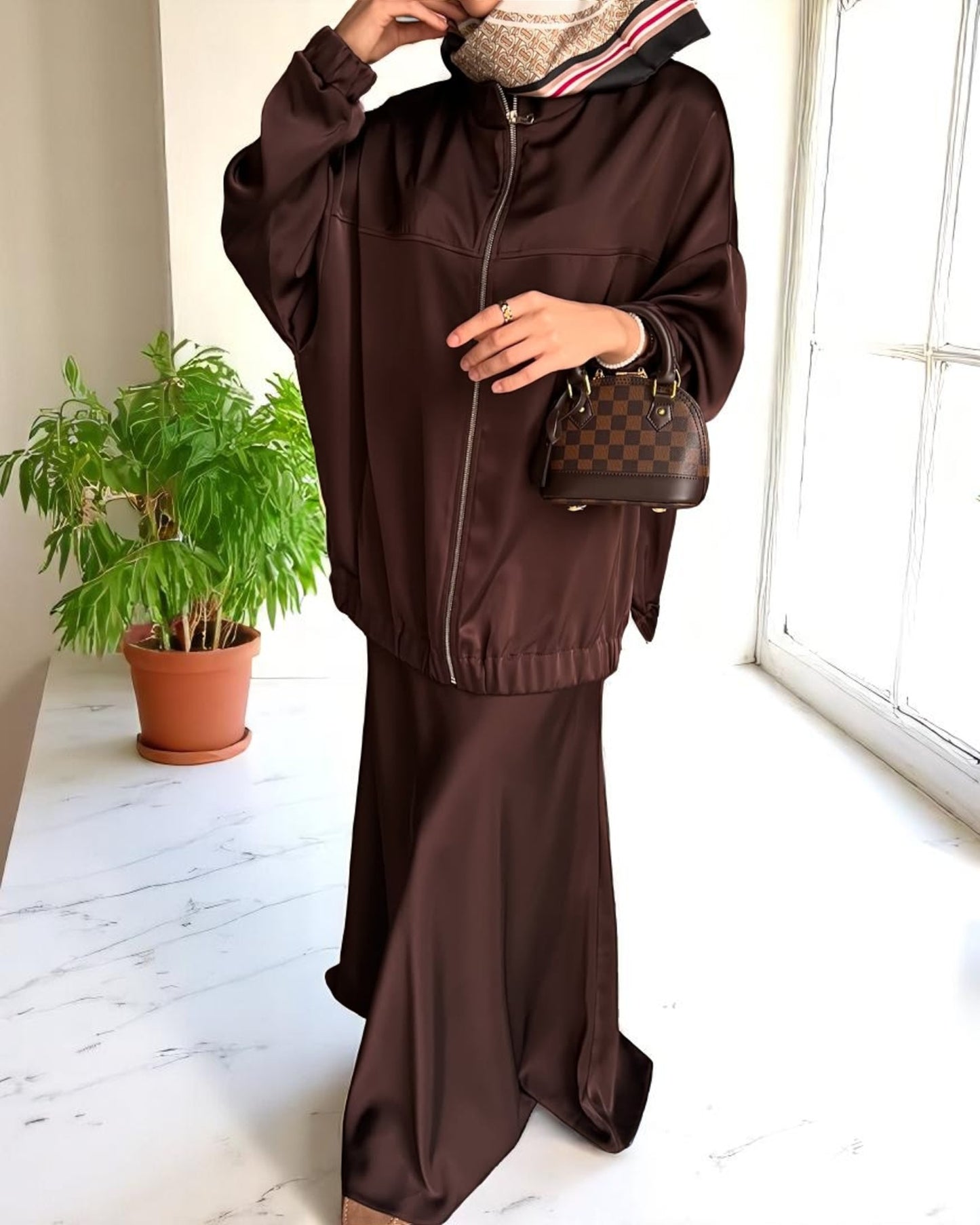 Premium Three-Piece Abaya Set in Tiktok Fabric with Zipper Jacket & Hijab