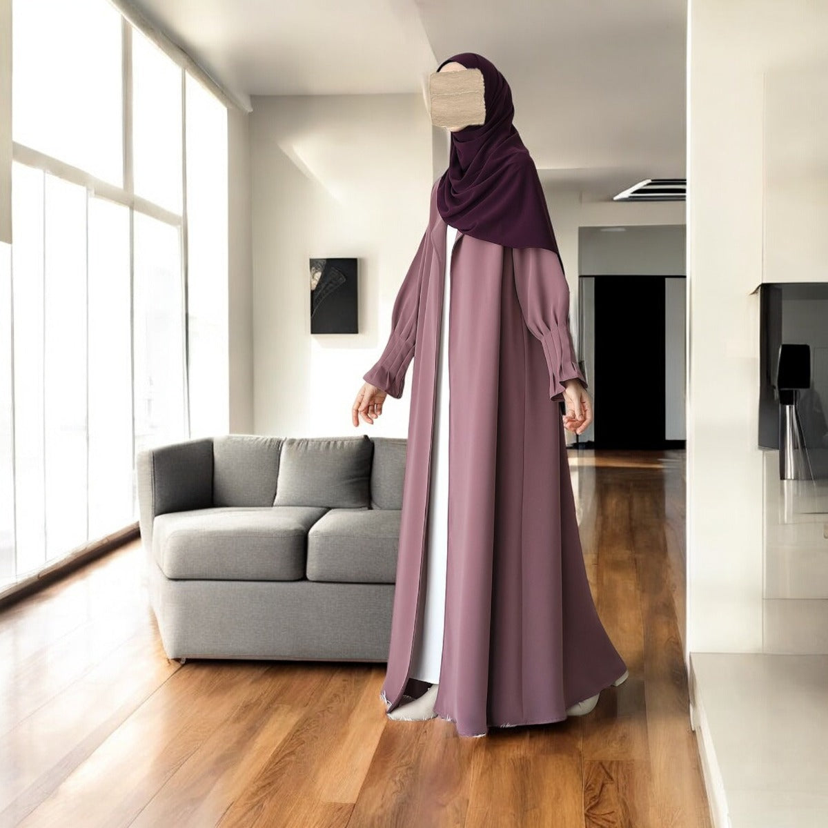 Elegant Three-Piece Abaya Set with Coat-Style Shrug