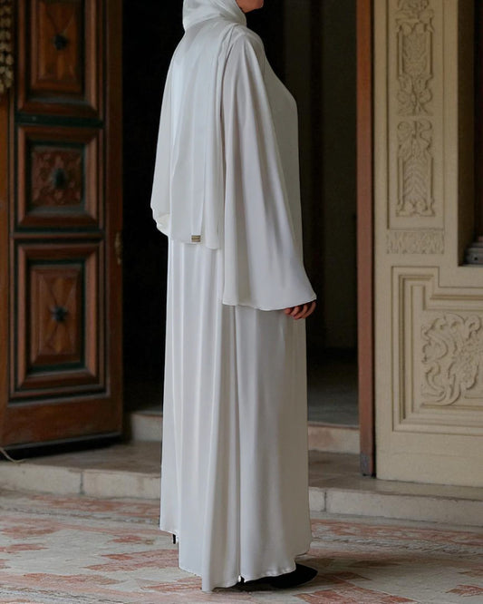 Umra Abaya Ð Front Open White Armani Satin with Sleeveless Inner & Hijab