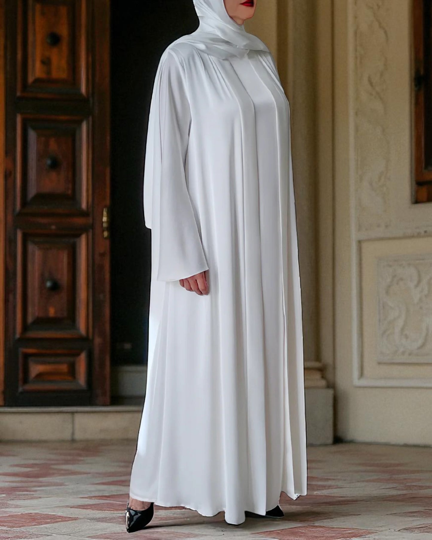 Umra Abaya Ð Front Open White Armani Satin with Sleeveless Inner & Hijab