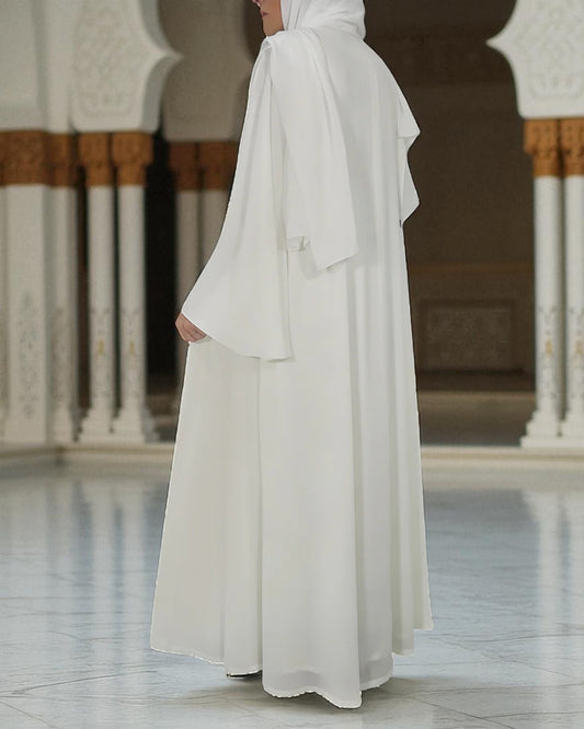 White Burqa for Hajj or Umrah Ð Front Open Prada Fabric Abaya with Inner & Hijab