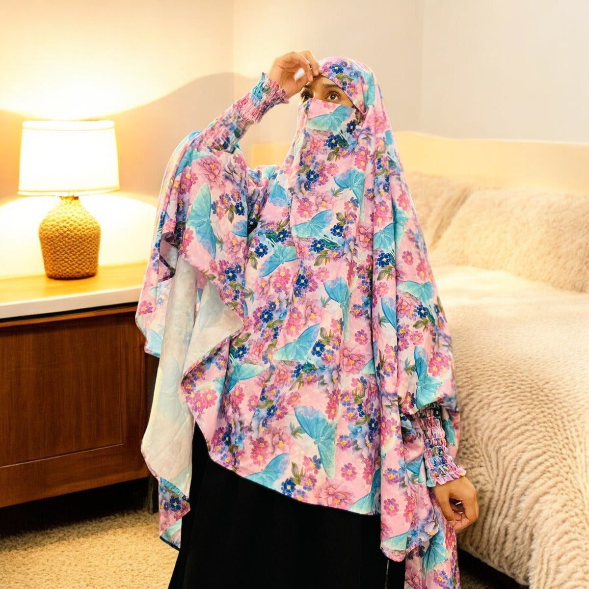 Printed Khimar-Long Prayer Hijab With Attached Mouth-Piece