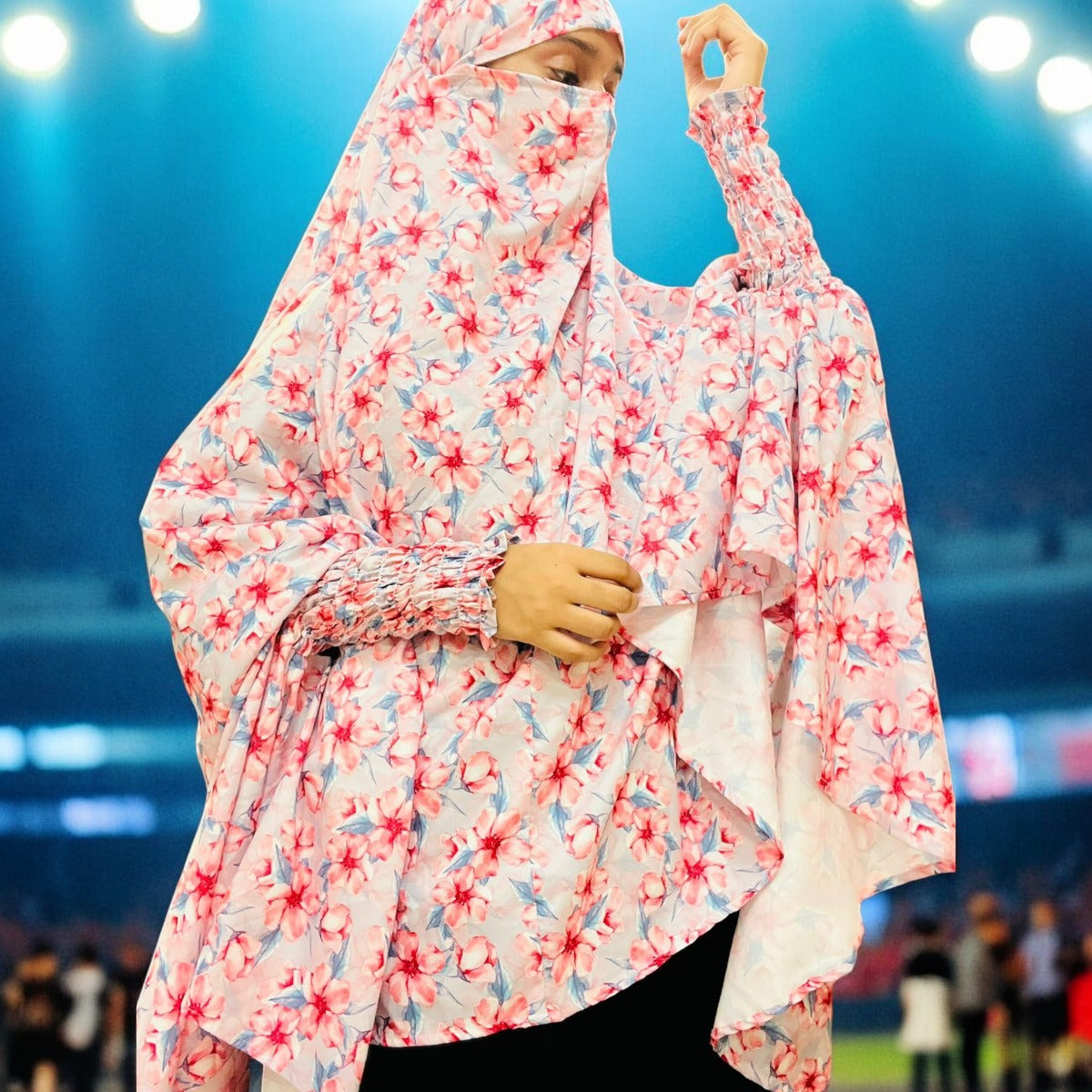 Printed Khimar-Long Prayer Hijab With Attached Mouth-Piece
