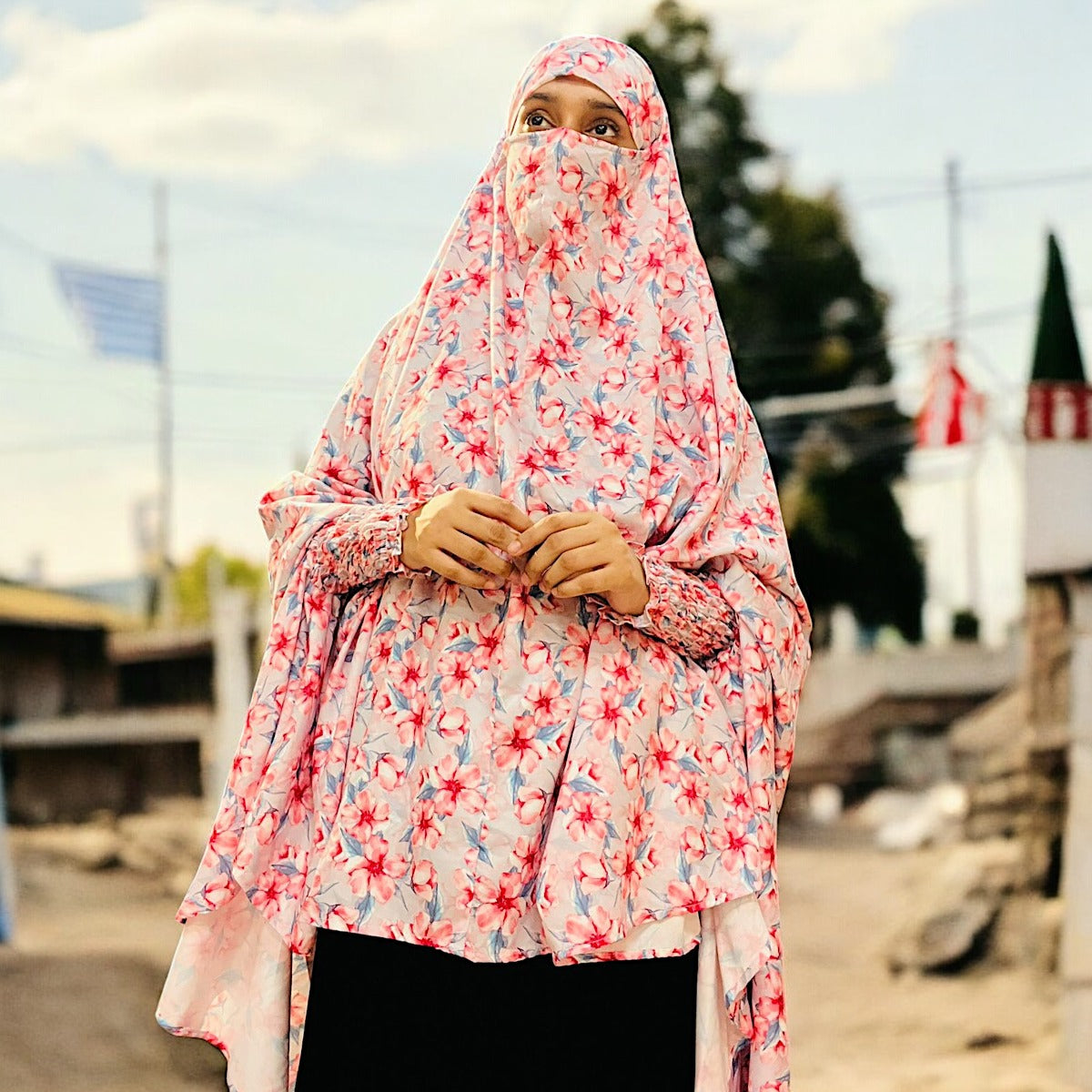 Printed Khimar-Long Prayer Hijab With Attached Mouth-Piece