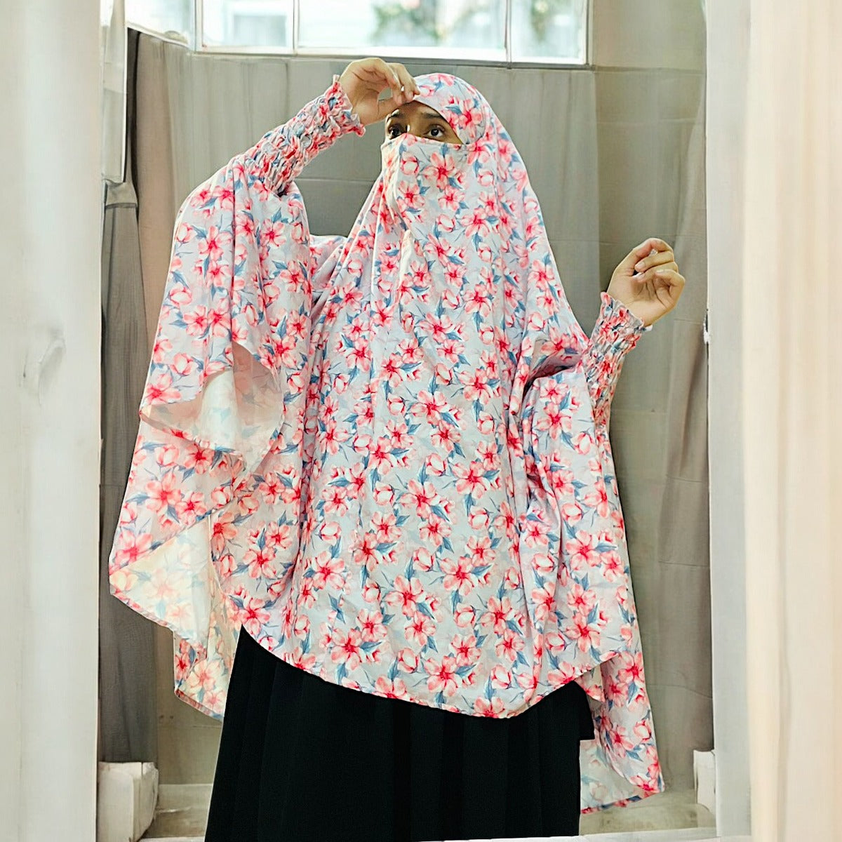 Printed Khimar-Long Prayer Hijab With Attached Mouth-Piece