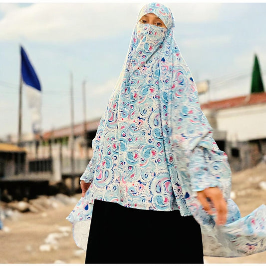 Printed Khimar-Long Prayer Hijab With Attached Mouth-Piece