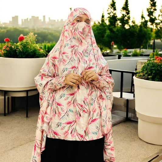 Printed Khimar-Long Prayer Hijab With Attached Mouth-Piece