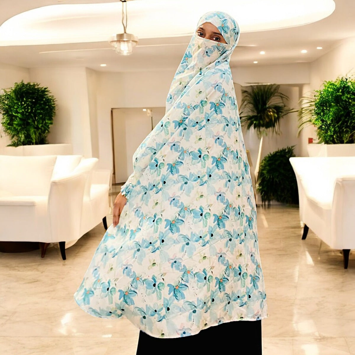 Printed Khimar-Long Prayer Hijab With Attached Mouth-Piece