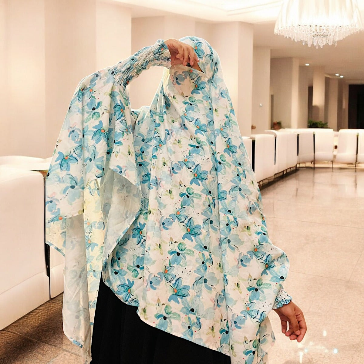 Printed Khimar-Long Prayer Hijab With Attached Mouth-Piece