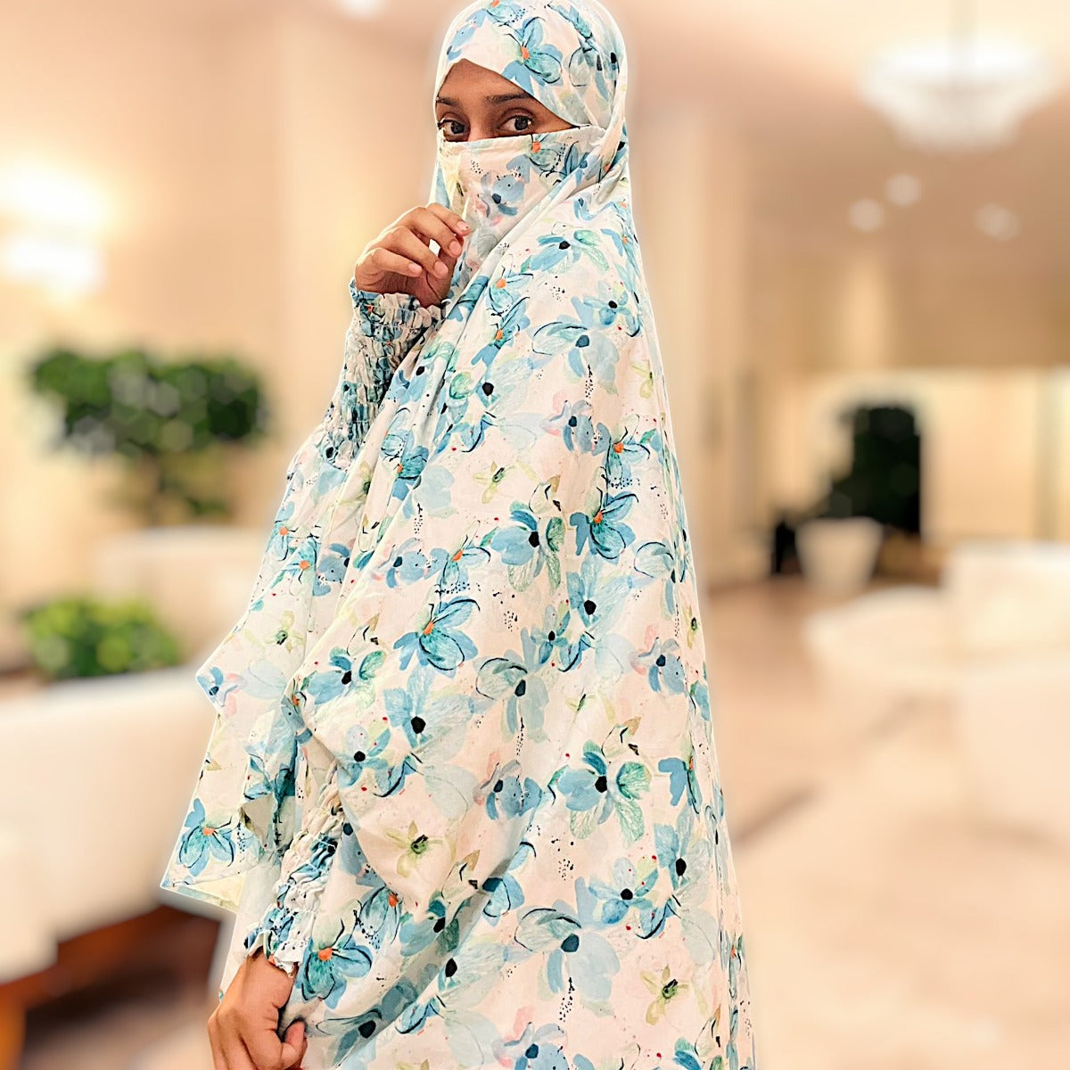 Printed Khimar-Long Prayer Hijab With Attached Mouth-Piece