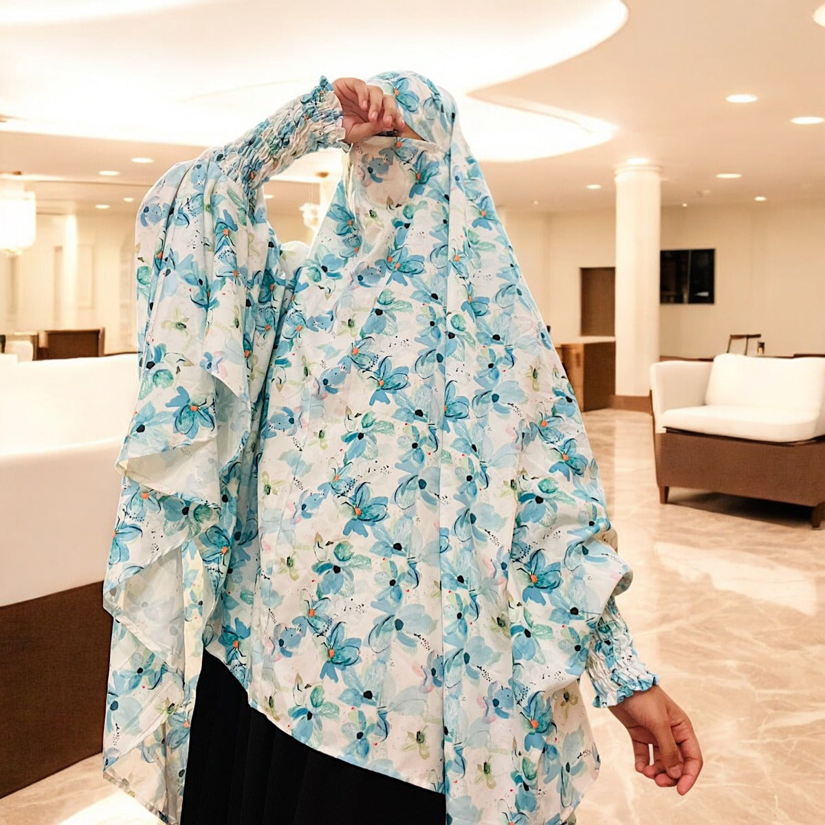 Printed Khimar-Long Prayer Hijab With Attached Mouth-Piece