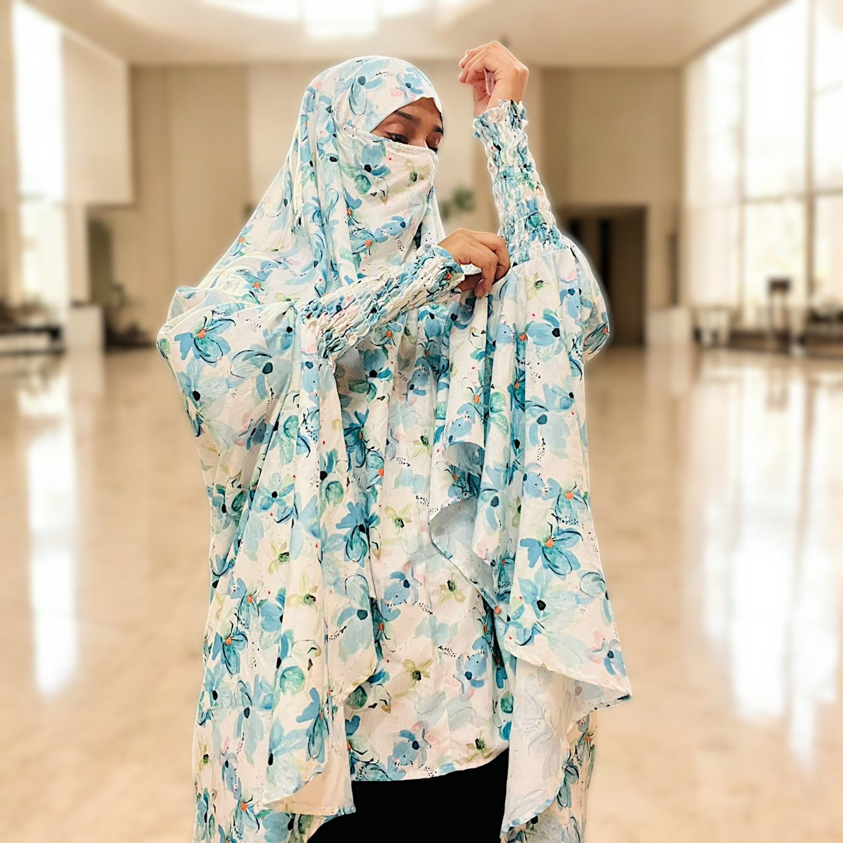 Printed Khimar-Long Prayer Hijab With Attached Mouth-Piece