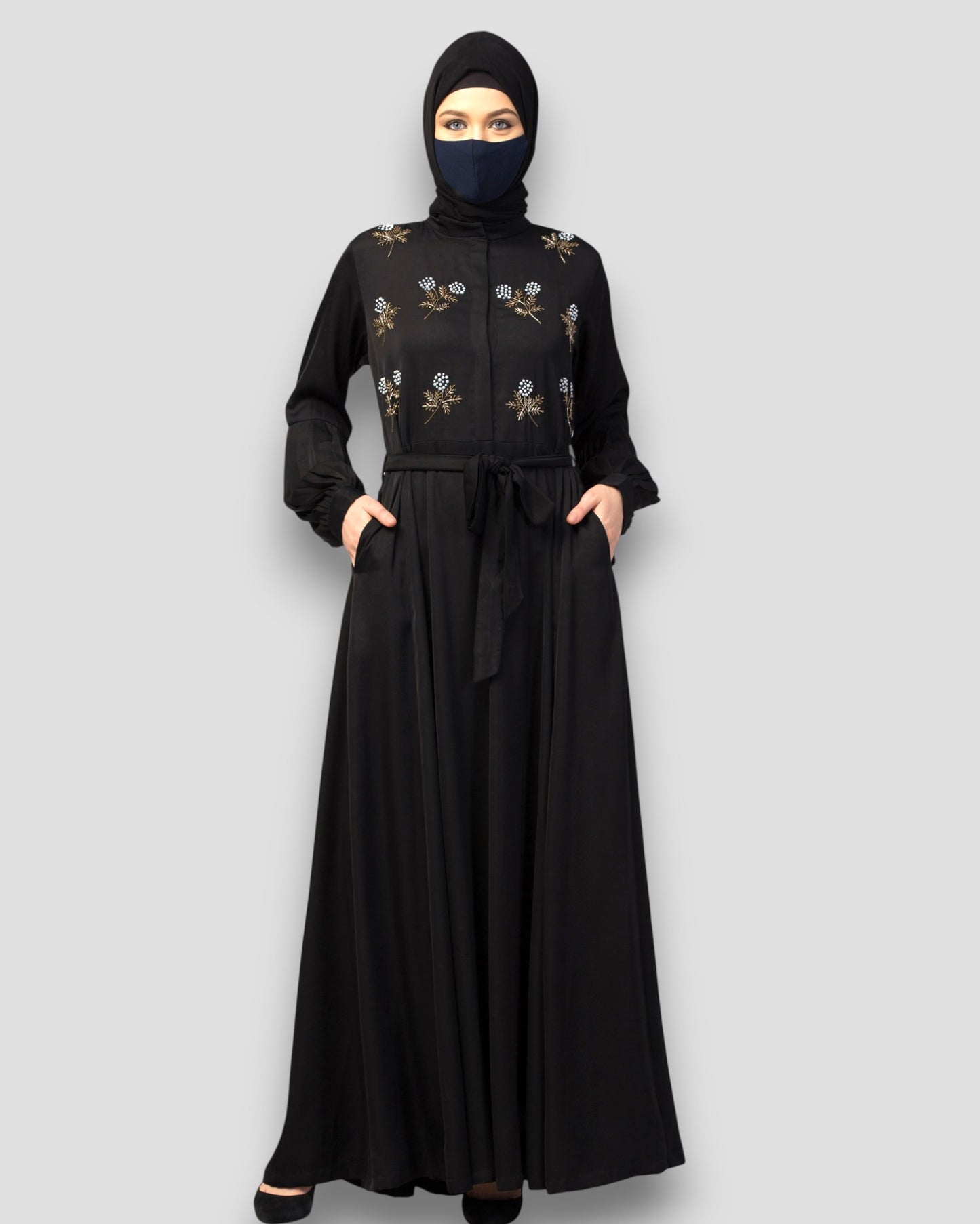 Premium Abayas Online - Black Embroidered with Pleated Sleeves & Belt