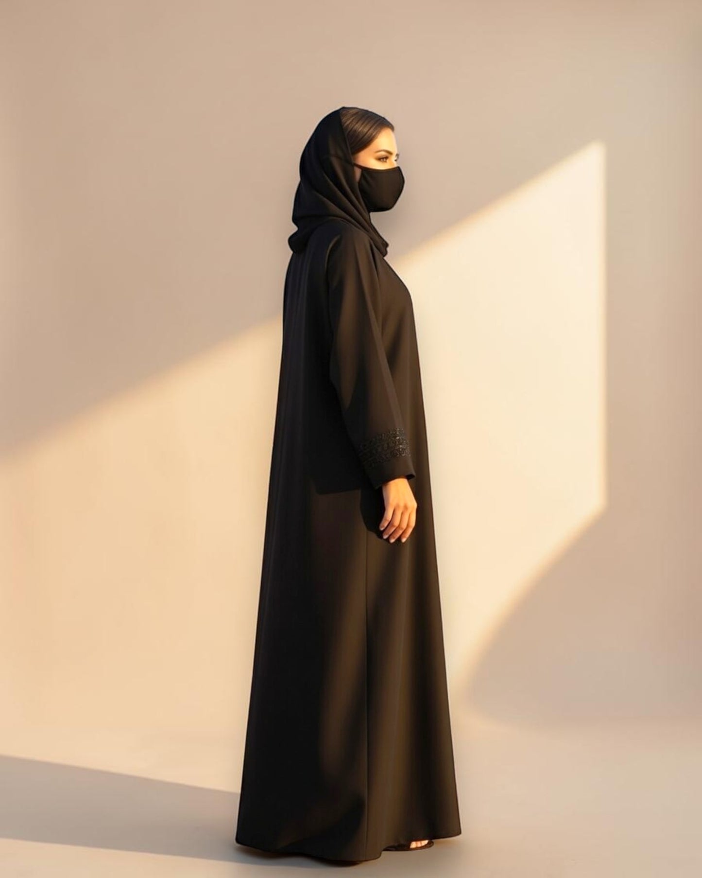 Black Praada Mahram Front-Open Burqa with Side Pockets and Sleeve Embellishments