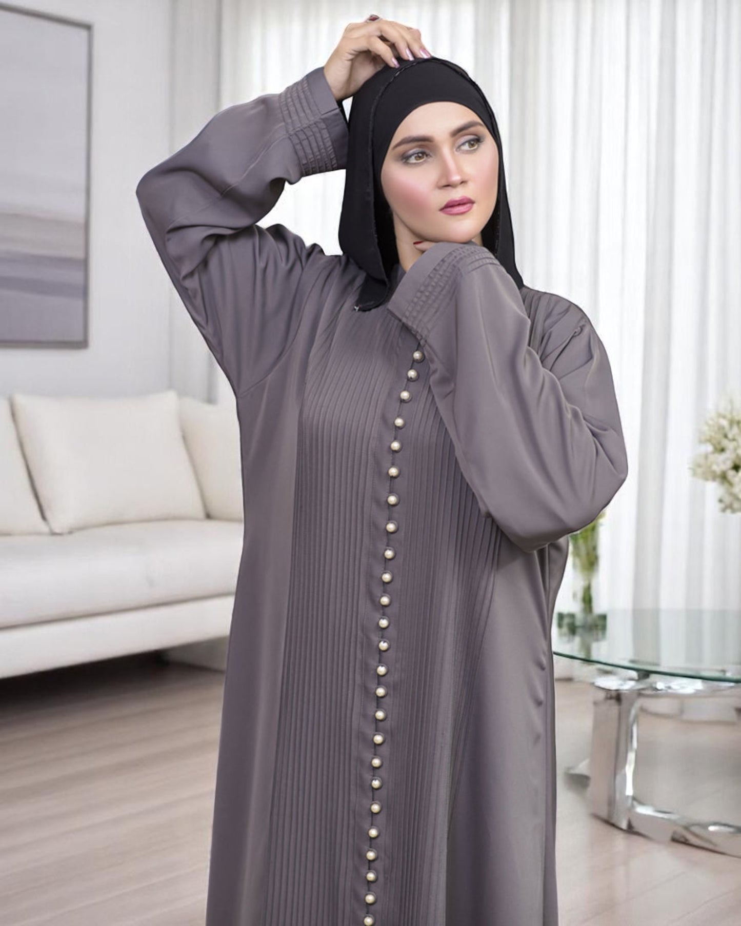 Designer Abaya in Premium Praada Fabric with Pin Tucks, Fancy Buttons, and Black Hijab