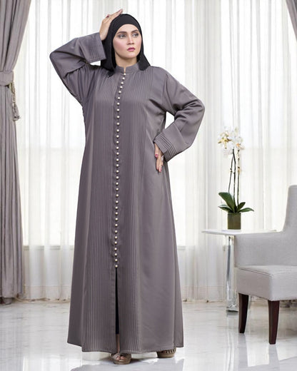 Designer Abaya in Premium Praada Fabric with Pin Tucks, Fancy Buttons, and Black Hijab