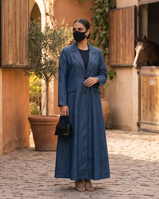 Tailored Denim Coat Abaya with Blazer Collar