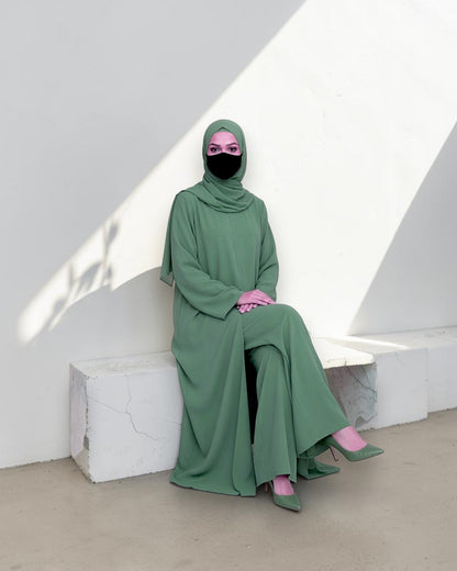Three Pieces Abaya-like Co-ord Set with Long Tunic and Elasticated Bottom