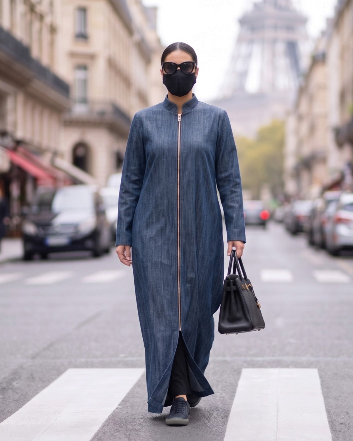 Urban Denim Zipper Abaya with Mandarin Collar