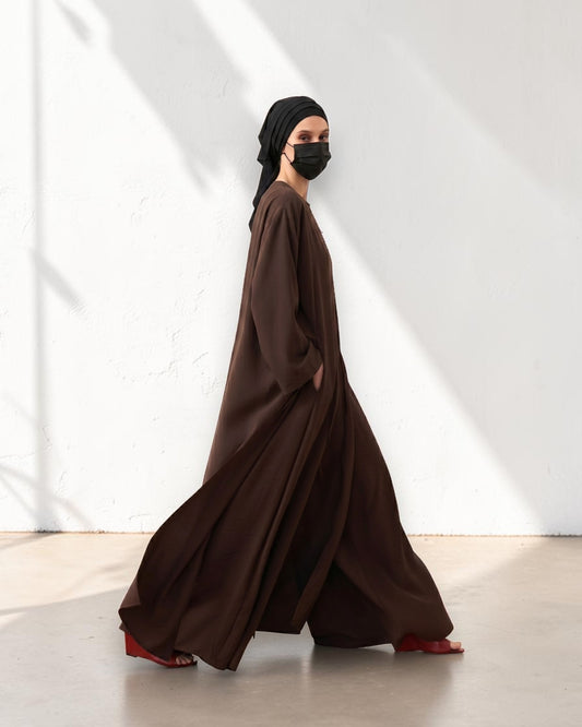 Brown Abaya-like Co-ord Set with Long Tunic and Elasticated Bottom