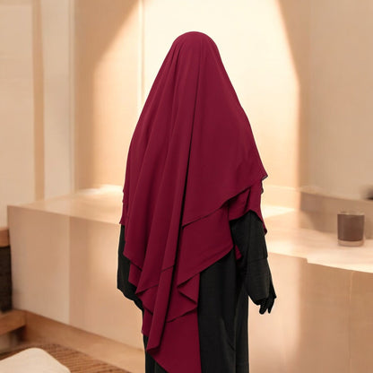 Bashariya Maroon Color Two-Layer Triangle Prayer Khimar Hijab with Attached Mouthpiece | Ready-to-Wear with Tie-Back Design in Soft Georgette Fabric