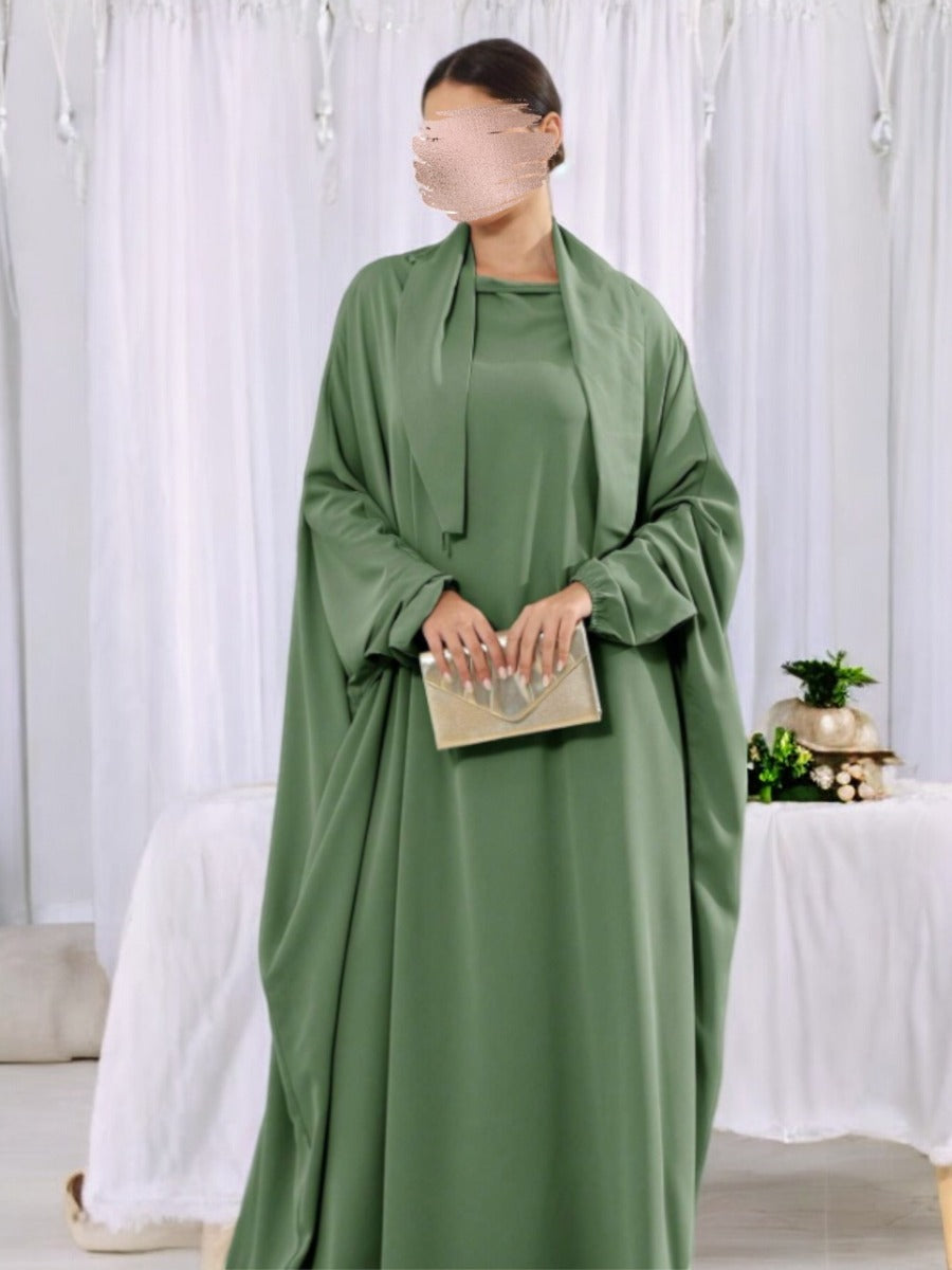 Designer Kaftan Abaya in Luxurious Firdaus Fabric with Elasticated Sleeves and Attached Scarf