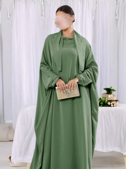 Designer Kaftan Abaya in Luxurious Firdaus Fabric with Elasticated Sleeves and Attached Scarf