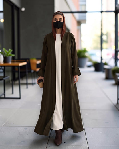 Open Abaya Shrug with Hijab & Optional Inner | Dark Olive