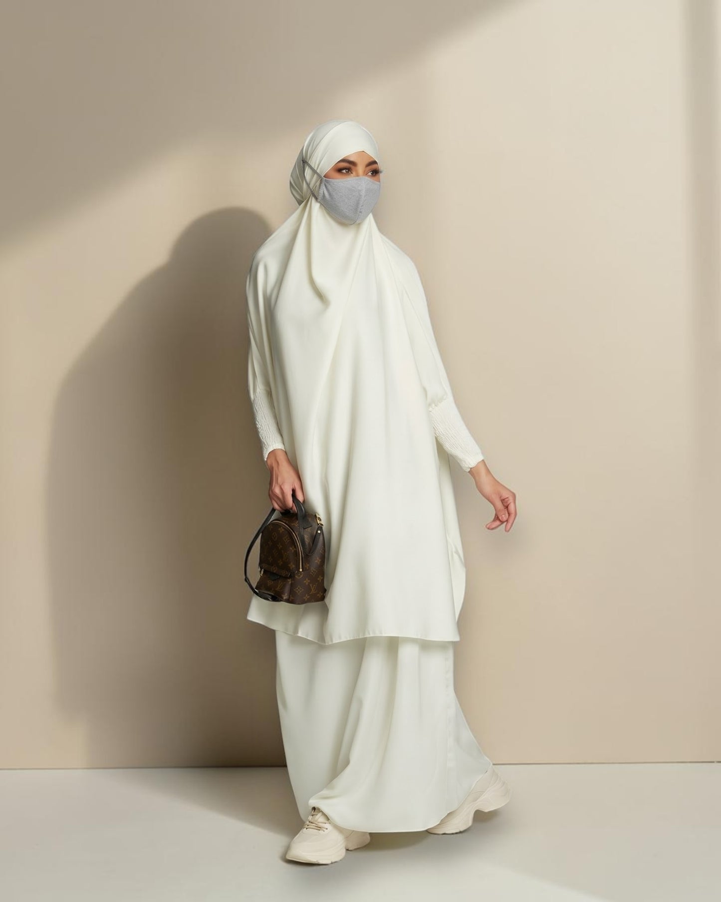 Elegant Two Piece Jilbab Set in Luxurious Flow Crepe Fabric with Flared Skirt and Full Size Khimar