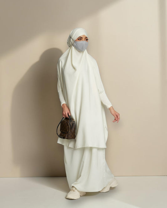 Elegant Two Piece Jilbab Set in Luxurious Flow Crepe Fabric with Flared Skirt and Full Size Khimar