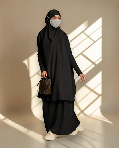 Elegant Two Piece Jilbab Set in Flow Crepe Fabric with Flared Skirt and Full Size Khimar