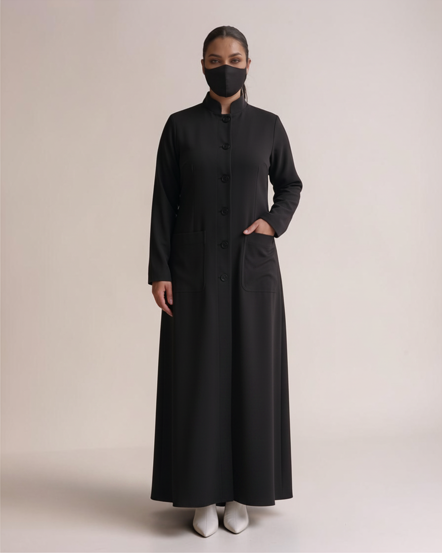 Latest Coat Abaya with Soft Shoulder Pads and Mandarin Collar| Black