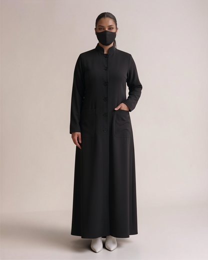 Latest Coat Abaya with Soft Shoulder Pads and Mandarin Collar| Black