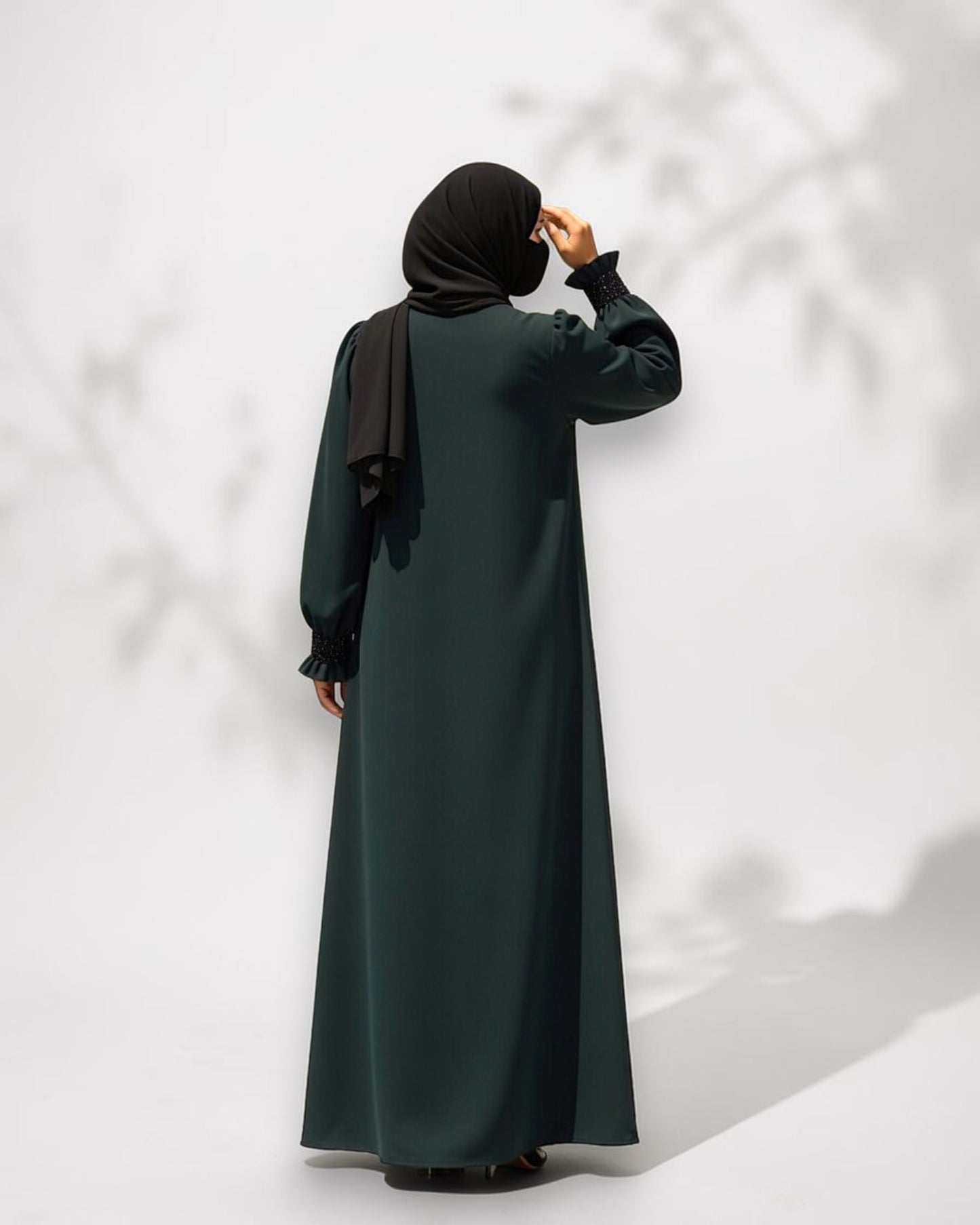 Mahram Dark Green Praada Fancy Abaya with Beaded Ruffled Sleeves and Pockets