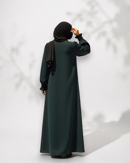 Mahram Dark Green Praada Fancy Abaya with Beaded Ruffled Sleeves and Pockets
