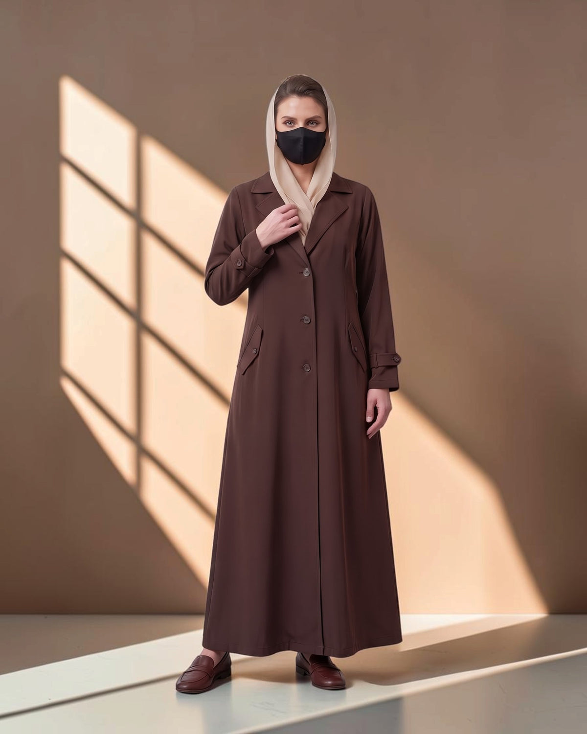Executive Abaya Coat with Structured Shoulders (Brown)
