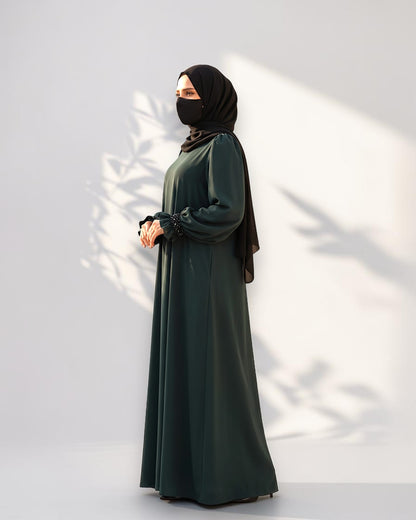 Mahram Dark Green Praada Fancy Abaya with Beaded Ruffled Sleeves and Pockets
