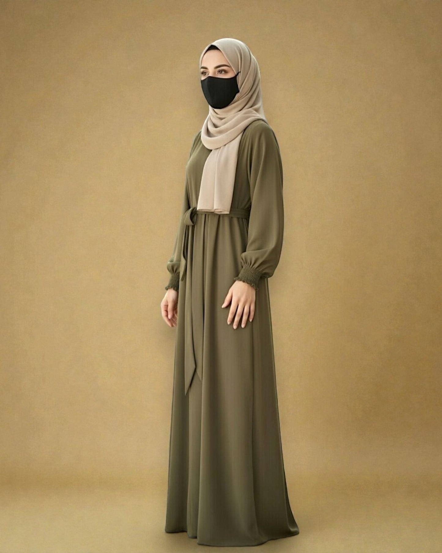 Front Open Abaya with Zipper Opening, Umbrella Flare and Matching Belt