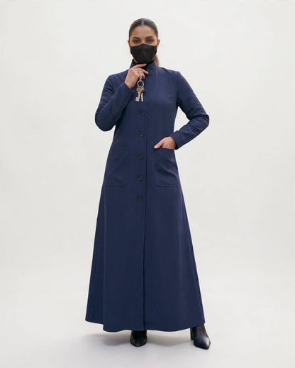 Latest Coat Abaya with Soft Shoulder Pads and Mandarin Collar| Navy Blue