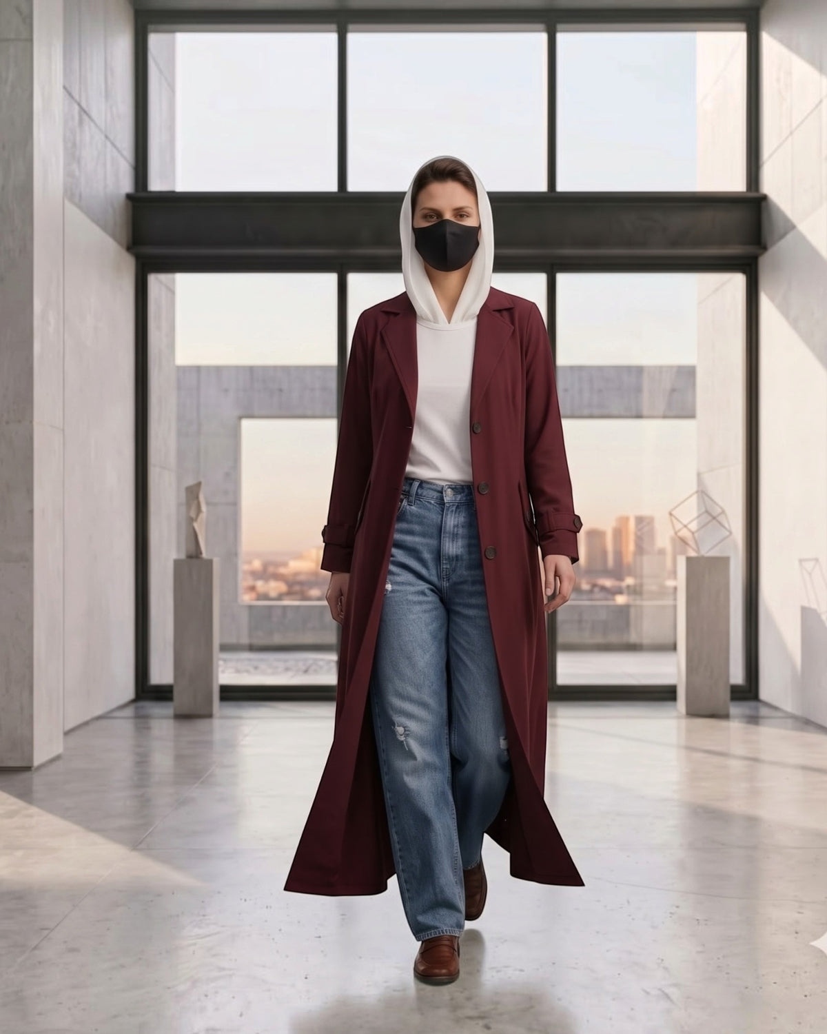 Executive Abaya Coat with Structured Shoulders (Maroon)