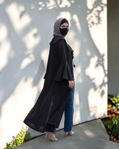 Designer Abaya Fit Shrug with Ruffle Yoke & Bell Sleeves