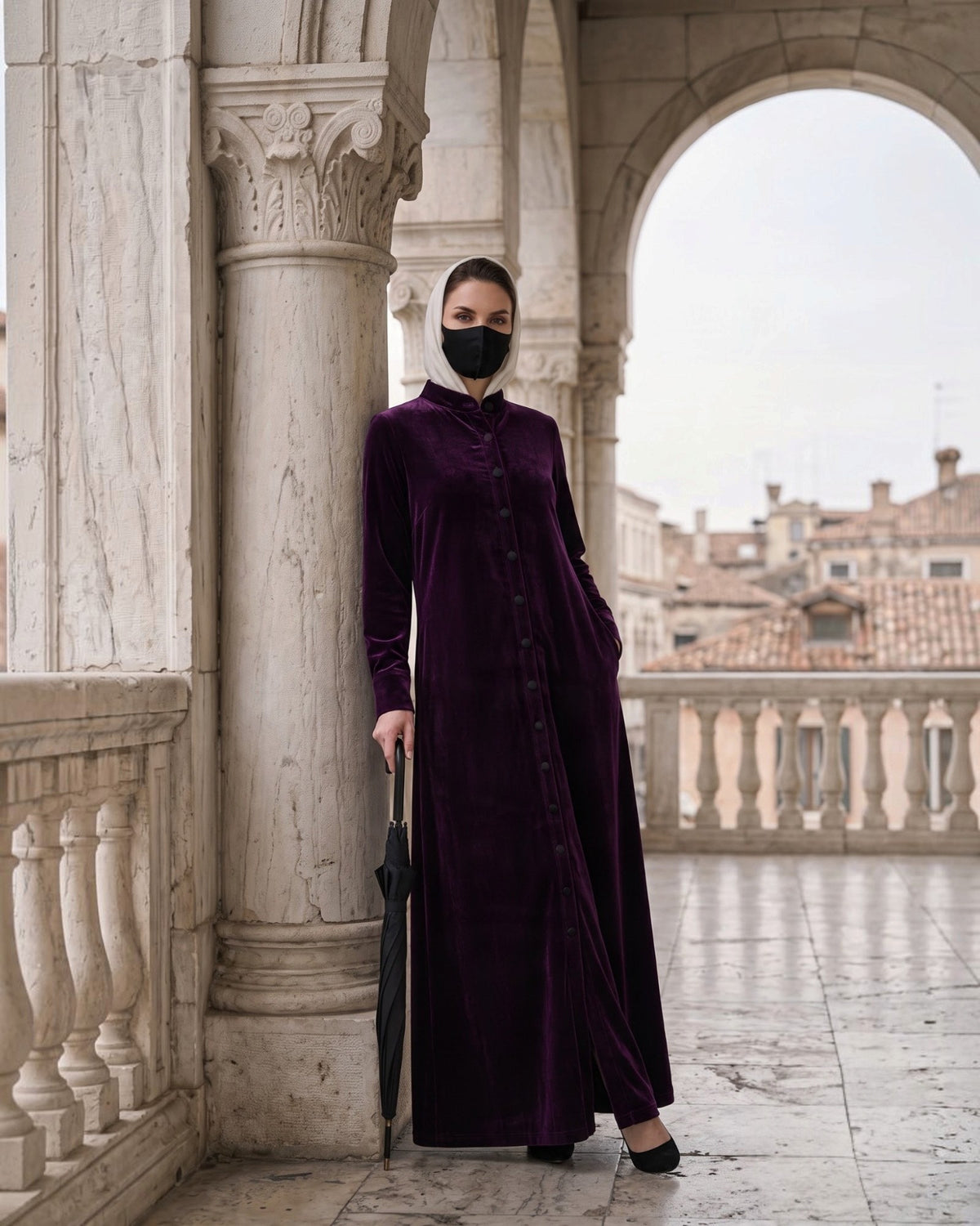 Classic Front Open Velvet Abaya with Covered Buttons
