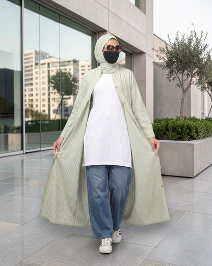 Mint Green Striped Cotton Front-Open Abaya Shirt with Mandarin Collar