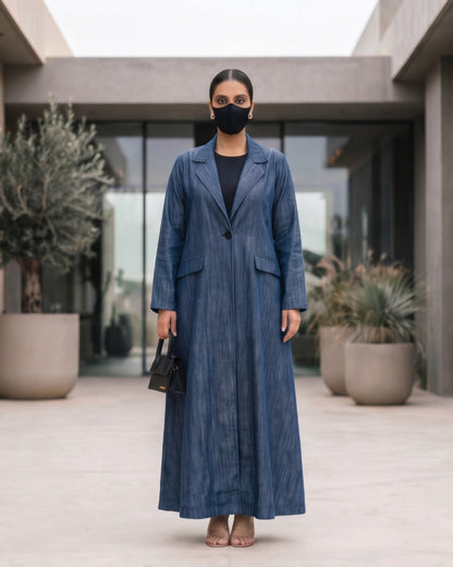 Tailored Denim Coat Abaya with Blazer Collar