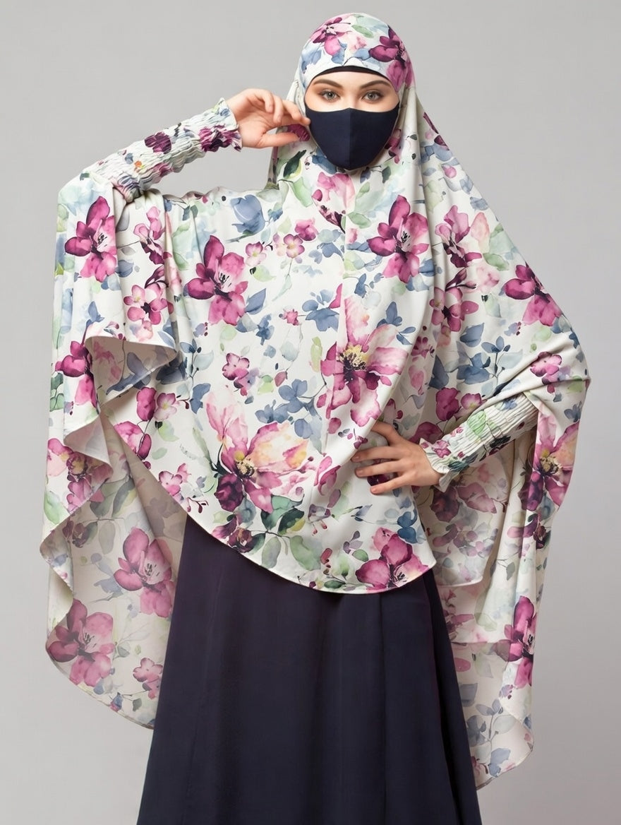 Printed Khimar-Long Prayer Hijab With Attached Mouth-Piece
