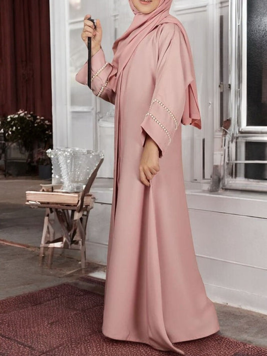 Front Open Abaya in Premium Praada Fabric For Kids | Flared Sleeves with Pearl Lacework