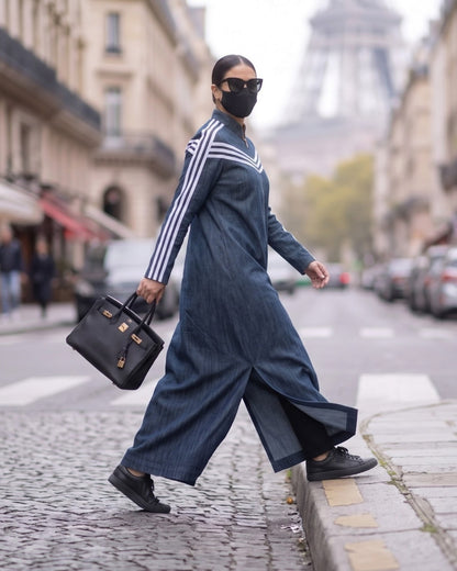 Sport Stripe Denim Zipper Abaya